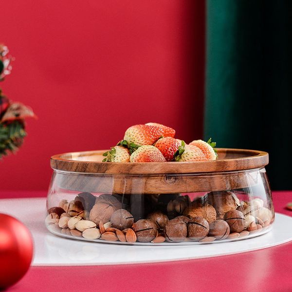 

2021 new home kitchen creative glass nuts dry fruits container 2350ml double layer candy storage box with wooden lid 1a6b