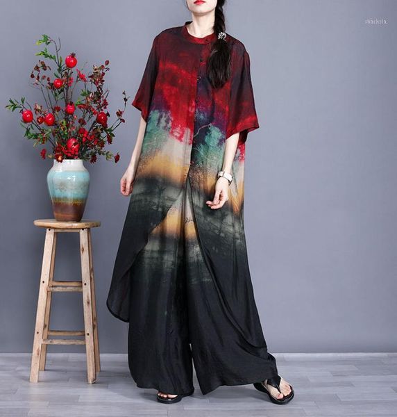 

women summer printed irregular length +elastic waist wide leg pants women suits ladies vintage long shirt+trousers sets20201, White