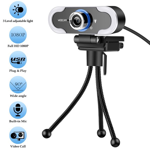 USB Mini Webcam с микрофоном кольцевого света для компьютерного игрового собрания Подключите и воспроизводите видео CAM HD 1080P LED Fill Light Live Streaming