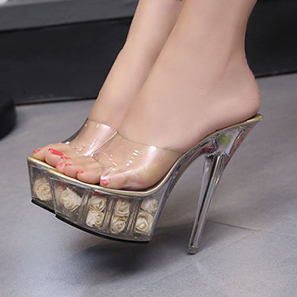 

14.5cm high heel slippers crystal shoes t-show high heels women shoes slippers brand high heels dropshipmultifunction, Black