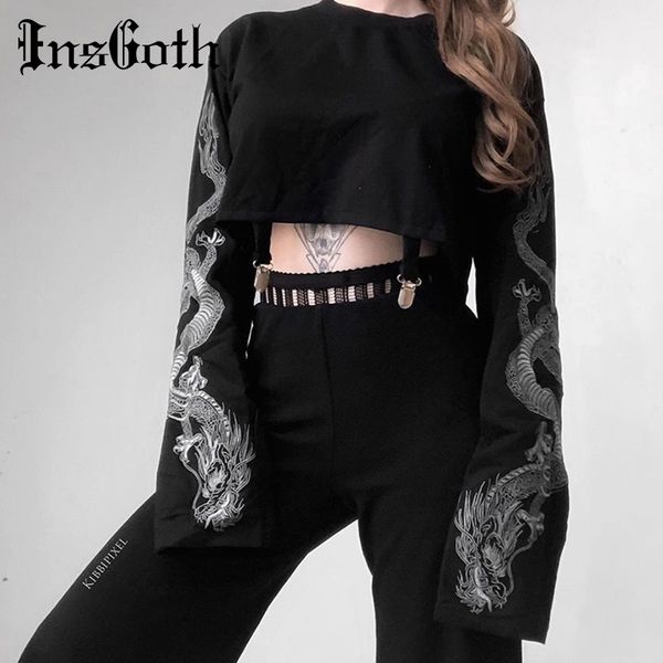 

insgoth black crop hoodie women sweatshirt gothic punk grunge dragon printed harajuku loose sweatshirt pullover female y200610