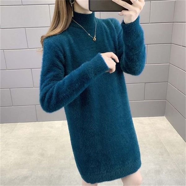 

2021 new mid-aged ladies of length knitted shirt half-neck velvet mink vison female sweater h00286 vnud, White;black