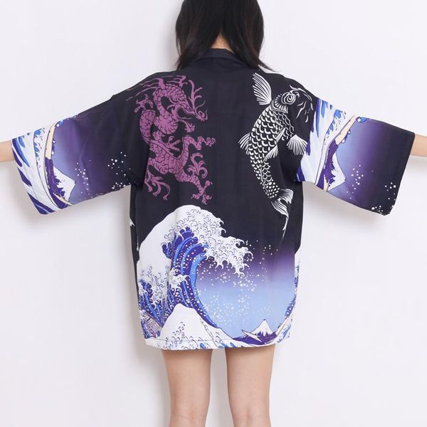 

fish wave print japanese kimono with belt streetwear cardigan haori harajuku robe japanese clothes yukata men women jacket 1, Red