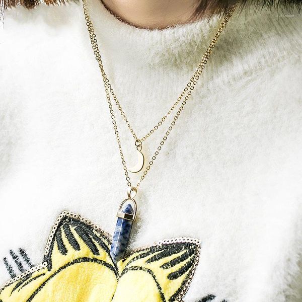 

lovr new fashion natural stone hexagonal column crystal pendant necklace women vintage geometric necklace jewelry1, Silver