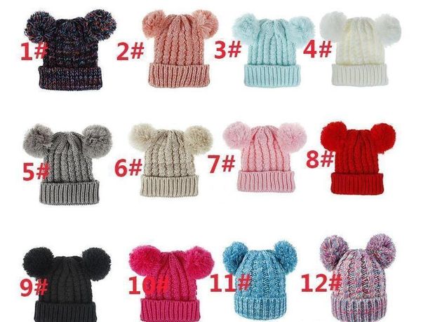 

kid knit crochet beanies hat girls soft double balls winter warm hat 12 colors outdoor baby pompom bbyrsc bde_home, Blue;gray