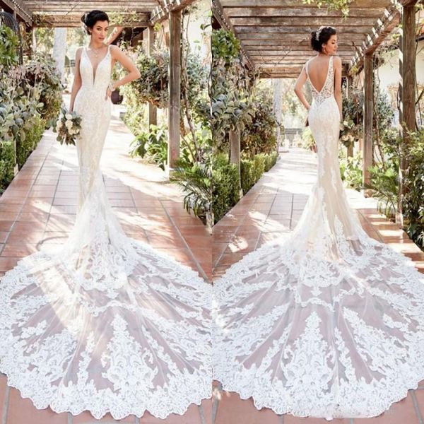 

vintage mermaid lace wedding dresses beaded appliqued plunging v neck low backless formal wedding dress boho bridal gowns, White