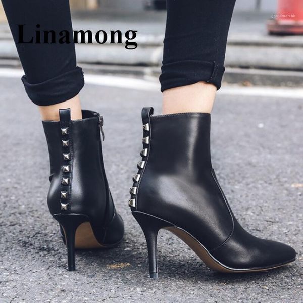 

boots fashion street style rivet ankle boot pionted toe and thin high heel sie zipper cow leather black women quality1