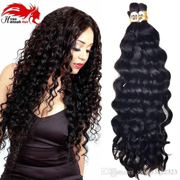 

hannah product deep wave brazilian human hair for braiding bulk no attachment, natural 3pcs 150gram bulk hair human braiding hair bulk, Black
