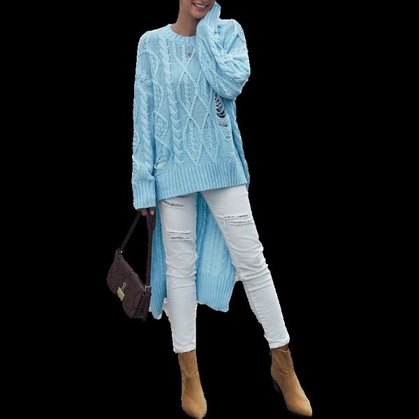 

2021 new womens baggy fashion high low hem distressed knitted twist longline sweater pullovers dffo, White;black