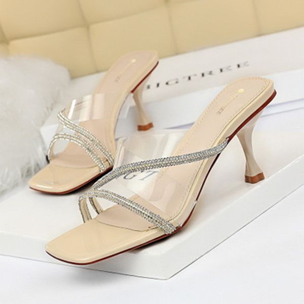 

2020 new fashion pvc crystal gladiator women slippers high heels rhinestone strap women shoes nightclub party shoes x1020, Black