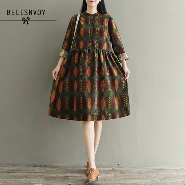 

robe femme 2020 mori girl autumn winter women clothing printed long sleeve single breasted plus size corduroy vintage dress1, Black;gray