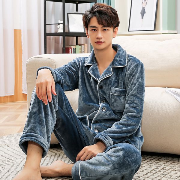

winter flannel pajamas set for men pj full sleeves nightwear warm pijama thicken sleepwear loung wear coral fleece pyjama homme lj201112, Black;brown