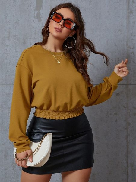 

plus shirred frill trim drop shoulder pullover e4kk#, Black