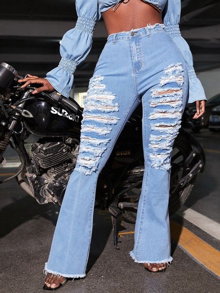 

sxy ripped frayed raw trim flare leg jeans h1ei#, Blue