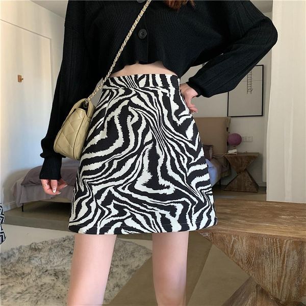 

skirts women's high waist cover hip slim joker a-shaped skirt zebra korean style goth dark midi woman, Black