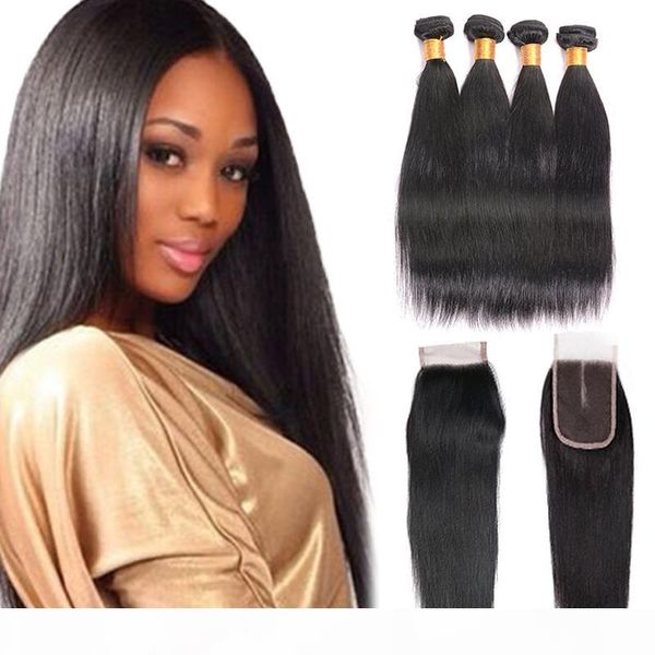 

7a бразильский straight человеческие пучки волос с closure natural color бразильский волос плетение связки remy 4 человеческих волос пучки с, Black