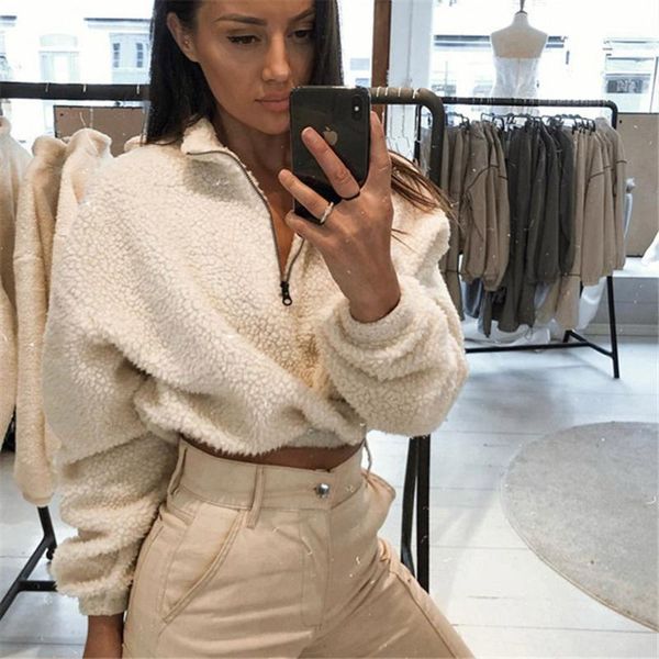 

womens jacket autumn winter long sleeve zipper high neck faux lambswool crop 2019 female fashion solid coat jacket dropship1, Black;brown