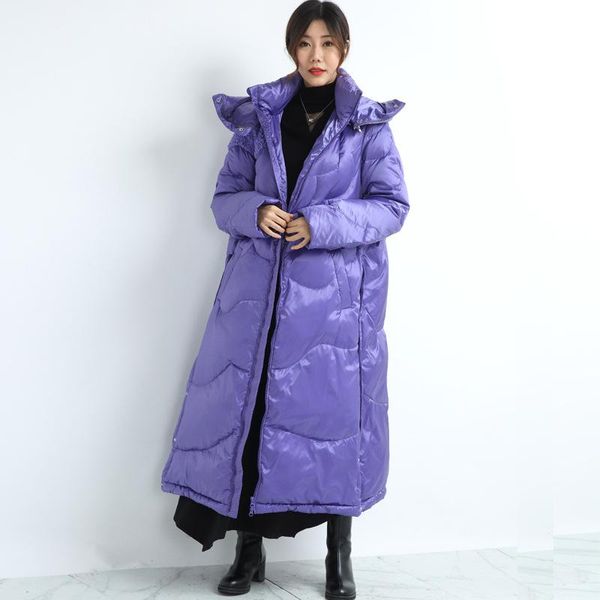 

qiu dong outfit big yards long of literature and art show thin down jacket zipper purple with thick white duck down, Black