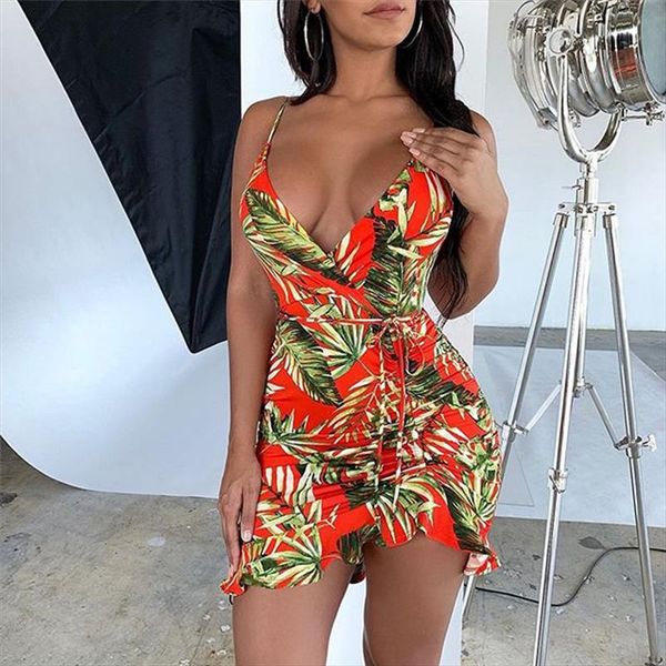 

womens tropical leaves mini dress sleeveless bandage elegant ladies party boho beach dresses summer ruffles sundress 2019, Black;gray