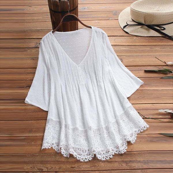 

womens tunic blouses lace white v neck long sleeve tunics female 2020 summer spring streetwear loose lady plus size 5xl