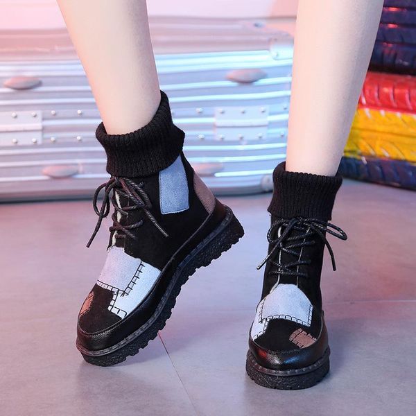 

2020 new autumn and winter explosions suede canvas color matching wild high-wool mouthboots women shoes 3 color women boots, Black