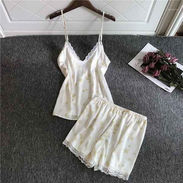 

new 2 piece stain silk and shorts women pajamas set summer printing cute pajamas sling shorts set home wear1, Black;red