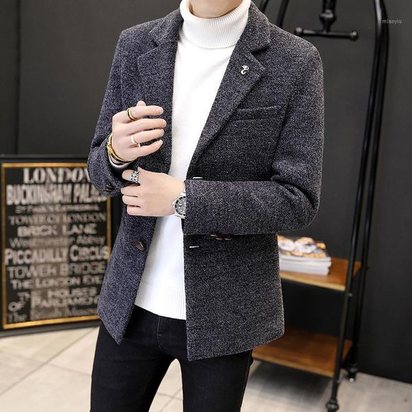 

nice tide style men's wool coat man fashion notched collar single breasted woolen trench male slim outerwear1, Black