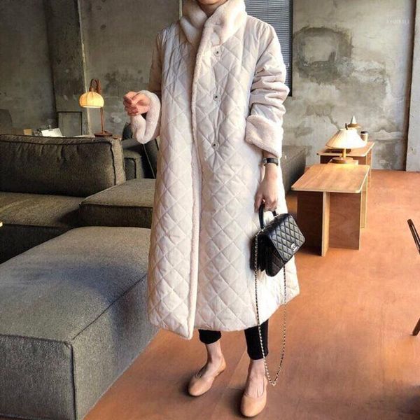 

hzirip new autumn winter coat women long parkas vintage elegant lapel faux fur stitching warm loose parkas female overcoat1, Black