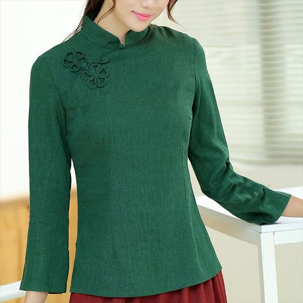 

new autumn multicolor nine quarter ladies cotton linen shirt blouse chinese traditional womens formal s xxl tc763, White