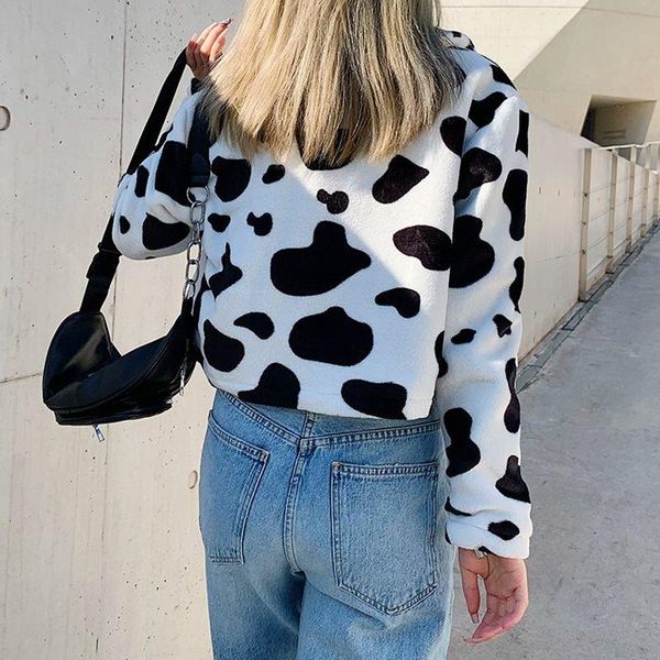 

cow print faux fur coat women animal printed casual furry crop teddy jacket zipper harajuku korean overcoat autumn, Black