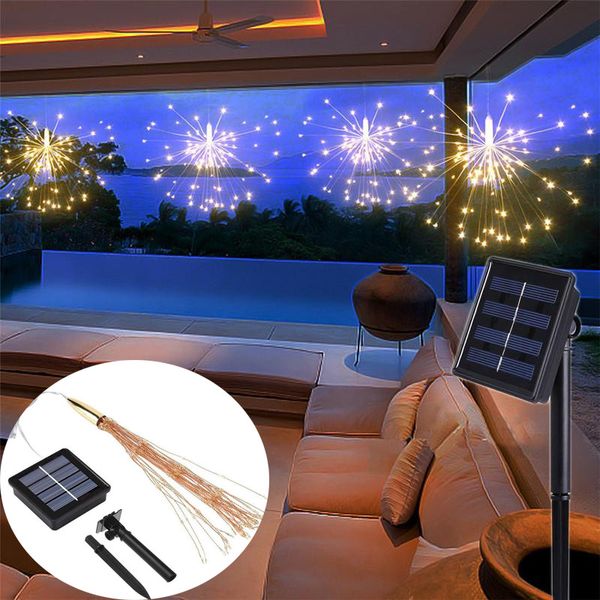 LED-Kupferdraht-Lichterkette, 120 200 Solar-Feuerwerk, Lichterkette, 8 Modi, wasserdichte Lampen für Weihnachten, Party, Hochzeit