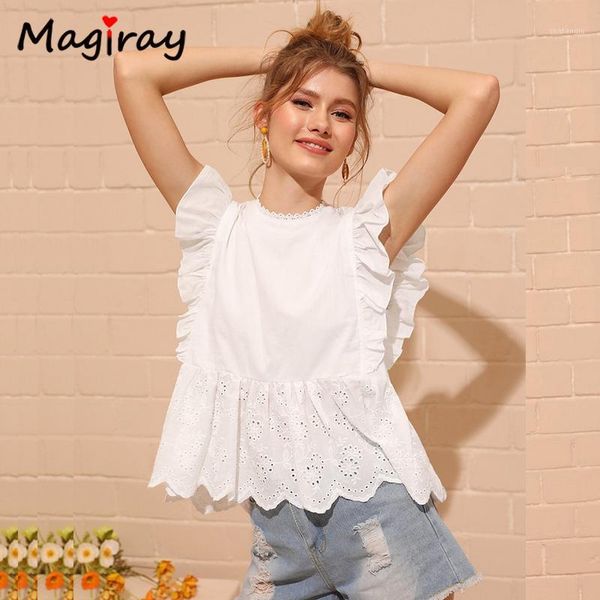

magriay lace o neck ruffle sleeveless tank summer white blouse women high waist korean elegant peplum kawaii holiday shirt1