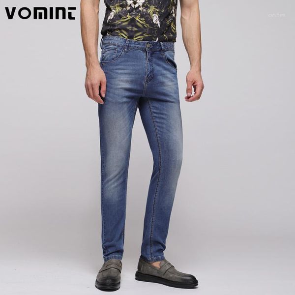 

vomint 2018 spring mens basic skinny jeans light washed pencil pants cotton stretch fashion spliced leather size 28-38 o6ii41991, Blue