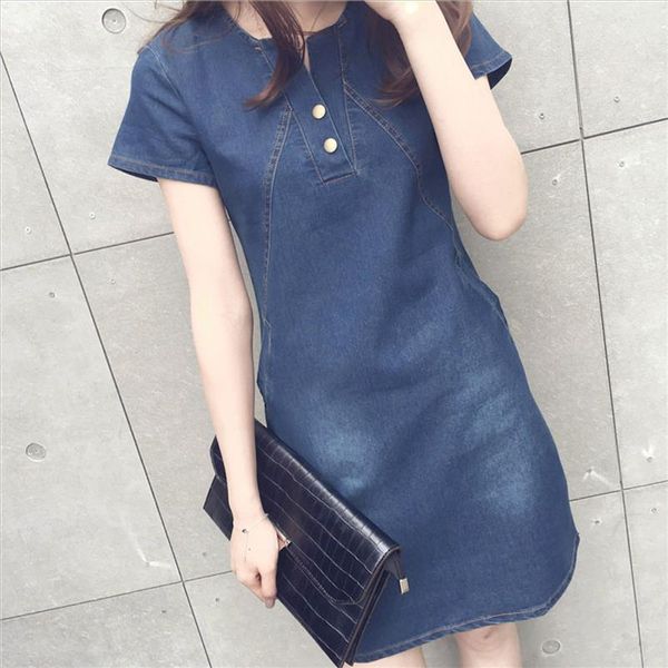 

women plus size korean casual denim ready dinner dress midi dresses denim sundress roupas feminina sw, Black;gray