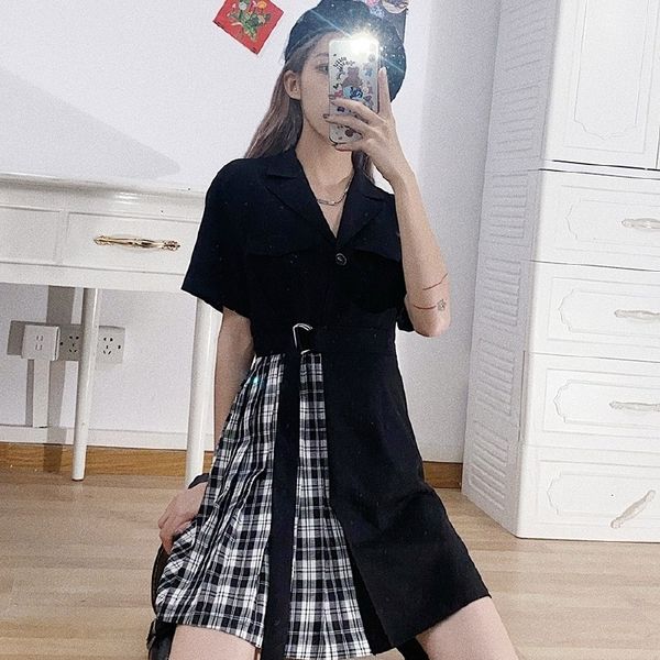 

2021 new korean plaid high street sashes women winter short designer gothic 2021 spring one-piece dress lady streetwear ra7r, Black;gray