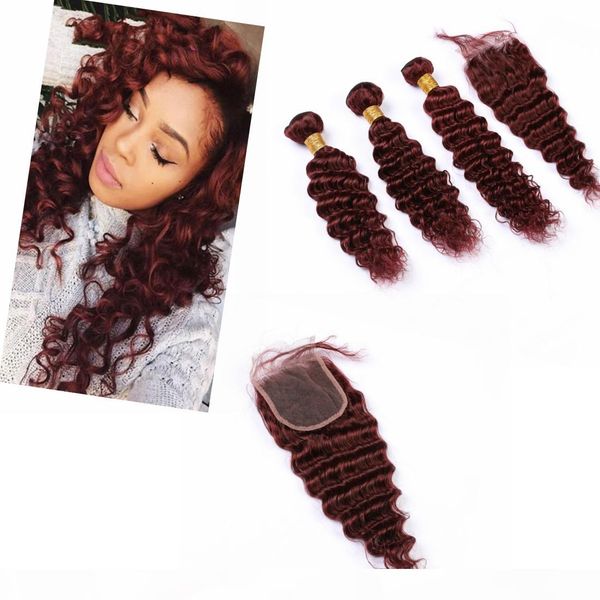 

red peruvian hair bundles with closure deep wavy 4" * 4" 3 purple bundles human hair #99j color, Black;brown
