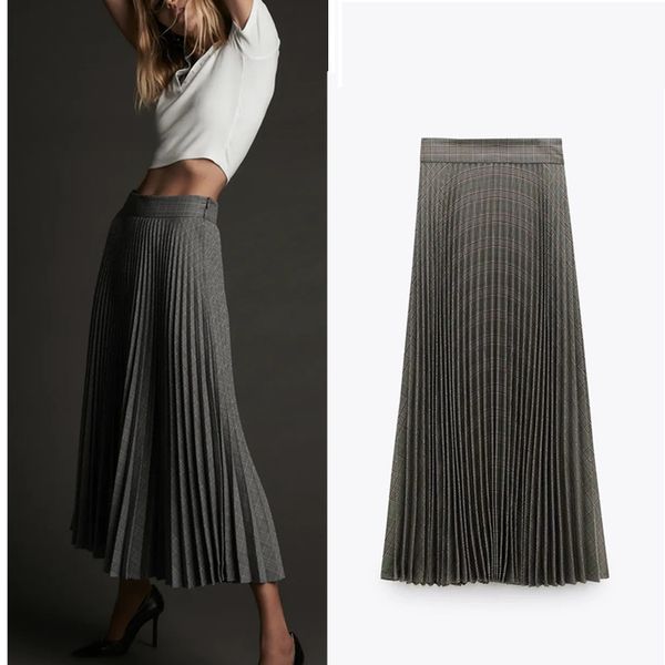 

2021 new vintage plaid pleated women a-line high waist midi skirt woman fashion side zipper office laddies elegant skirts vjna, Black