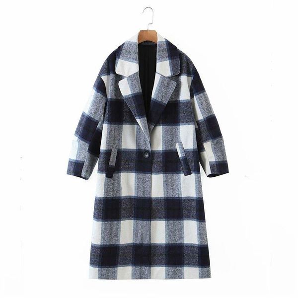 

women winter woolen coats 2021 female plaid print retro warm thick long jacket outercoats korean style outwear, Black