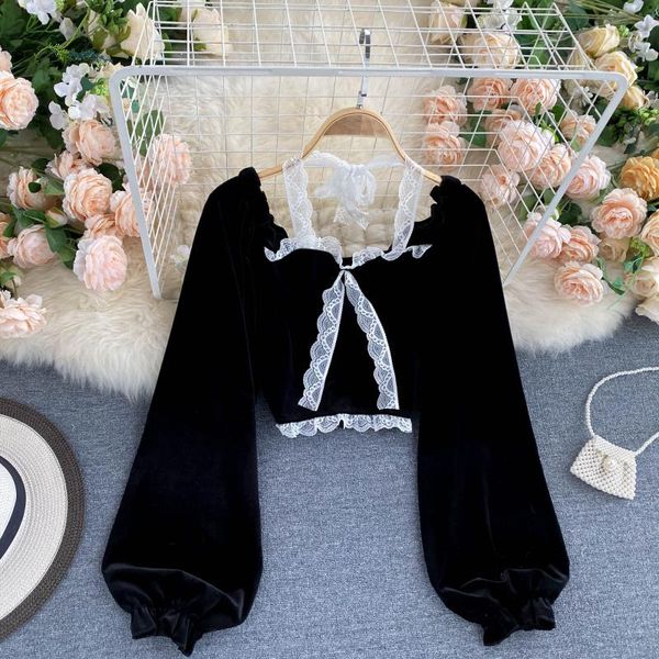 

halter lace patchwork short women's blouses & shirts for women casual puff sleeve velvet shirt female black new fashion autumn winter, White