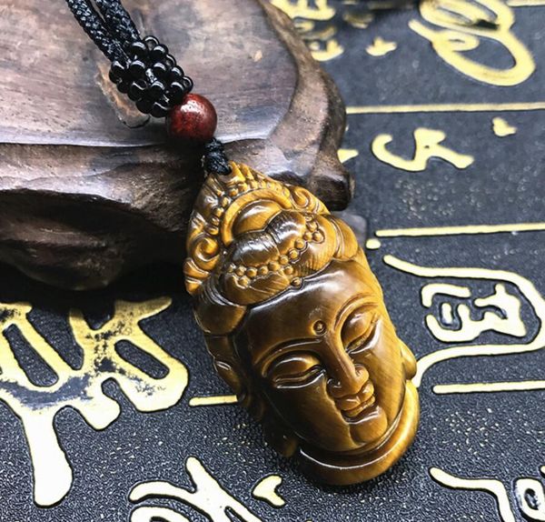 

carved drop ship yellow tiger's hand eye guanyin head for lucky buddha pendant man amulet charm jewelryvtcn, Black