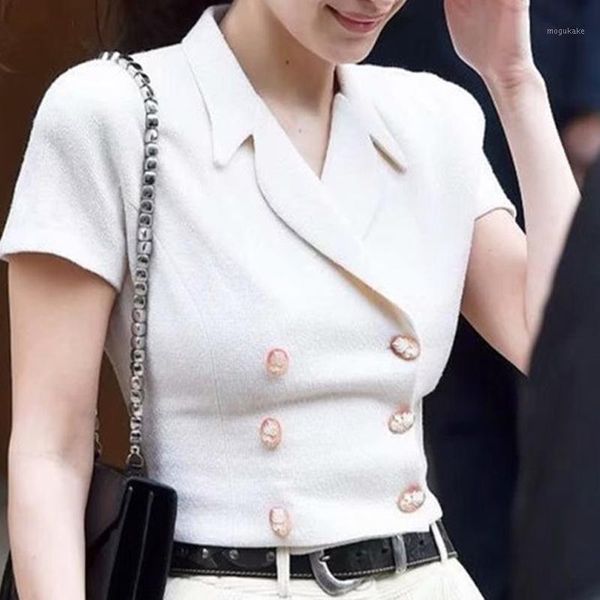 

summer elegant fashion woman blouses 2019 women's shirt retro double-breasted short-sleeved blouse shirt womens and blouses1, White