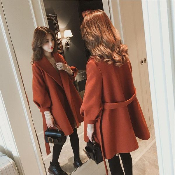 

autumn winter woolen coats women 2020 korean thick warm lapel loose lantern long sleeve sashes woolen cardigans outerwear female1, Black