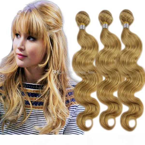 

new arrival straberry blonde #27 pure clolor hair weaves honey blonde 9a peruvian human hair bundles 3pcs lot body wave hair extensions, Black