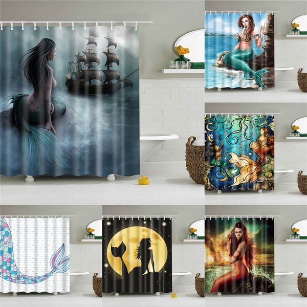 

mermaid shower curtain eco-friendly cartoon prints polyester with hooks washable bath decor shower curtains