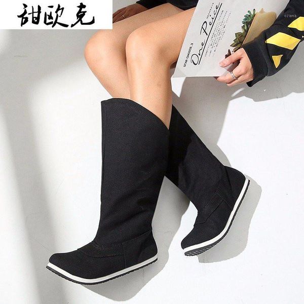 

boots 2021 winter shoes woman casual women fashion solid flat heel mid-calf plus velvet warm zapatos mujer1, Black