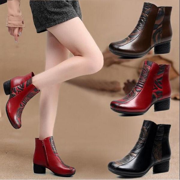 

new autumn winter vintage genuine leather low-heeled shoes woman zipper high heels ankle boots for women booties warm cotton sho, Black