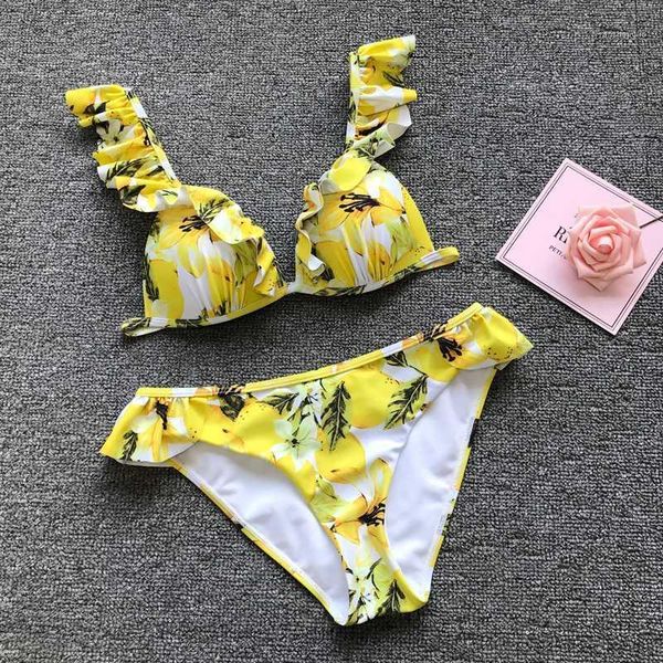 

push up bikini set lemon print women swimwear brazilian biquini bathing suit female beachwear bodysuit bikinis mujer summer1, White;black