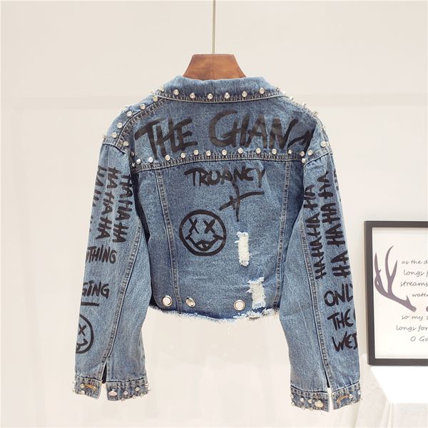

2021 spring women heavy bead rhinestone drill graffiti hole short jeans jacket autumn new femme outerwear denim jackets coat, Black