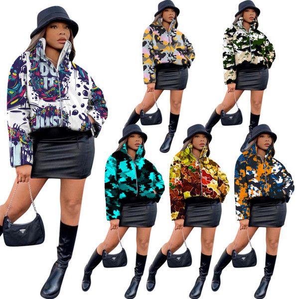 

women down jacket designer personalized camouflage graffiti printed zipper stand-up collar coat ladies new fashion cotton clothes 2020, Black