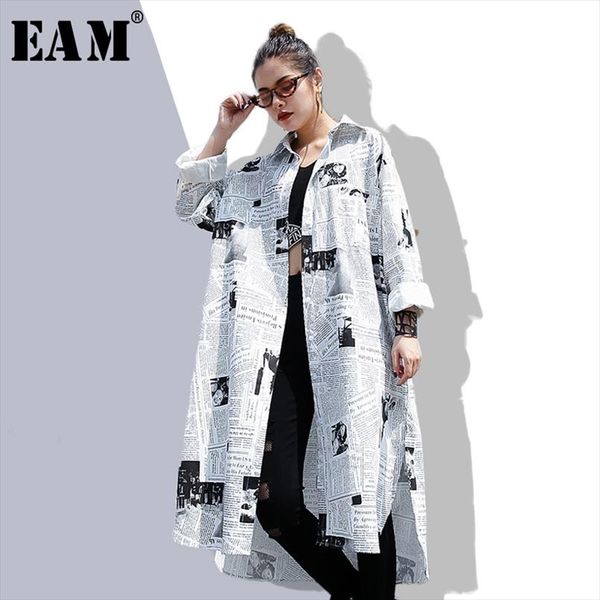 

eam] 2020new spring autumn lapel long sleeve white printed loose irregular big size long shirt women blouse fashion tide jf008